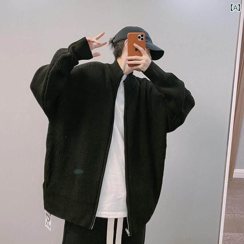 カーディガン メンズ セーター ニット 春 ストリート ジッパー ジップアップ ジャケット ブラック ベージュ グレー