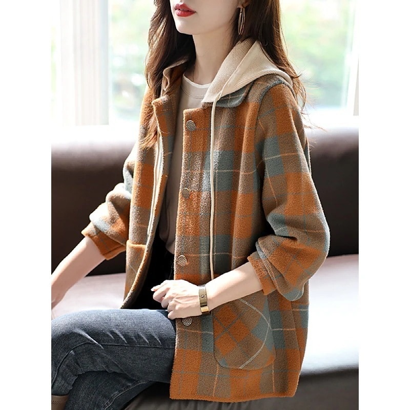 フードチェックのミディアム丈コートポケットトップス新型スタイリッシュ韓国版ラシャショート今だけ