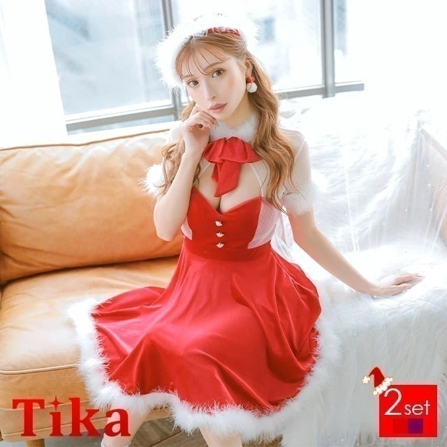 サンタ コスプレ 衣装 シアー レース リボン ファー ミニ ワンピース ハイネック セクシー レッド ワインレッド エロ キャバ嬢 キャバ 激安 キャバクラ サンタコス コスチューム サンタコスプレ