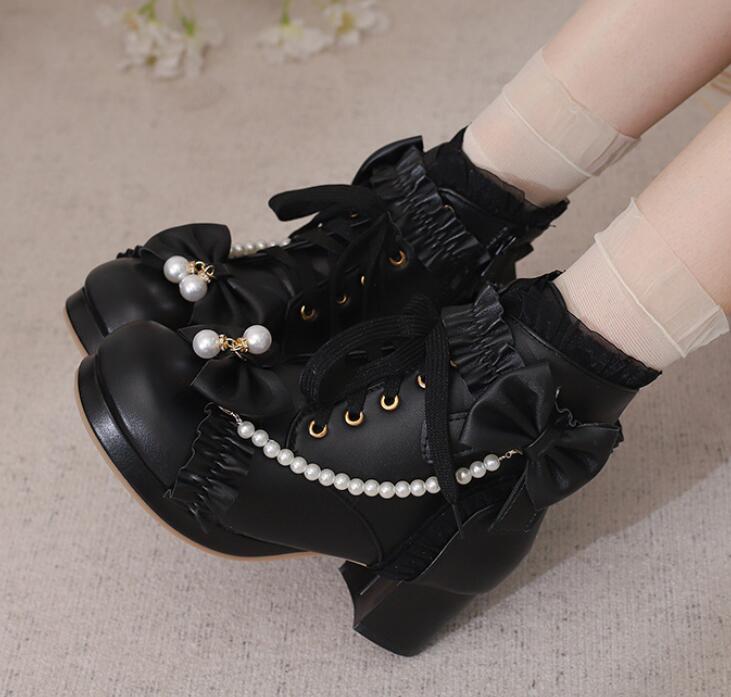 【新作登場 最安値】靴 ロリータ レディース 靴 美脚 ゴスロリ 可愛い かわいい Lolita コスプレ靴 お出かけ お揃い 文化祭 お茶会 20cm-26cm　ショット丈　ショットブーツ　シュー