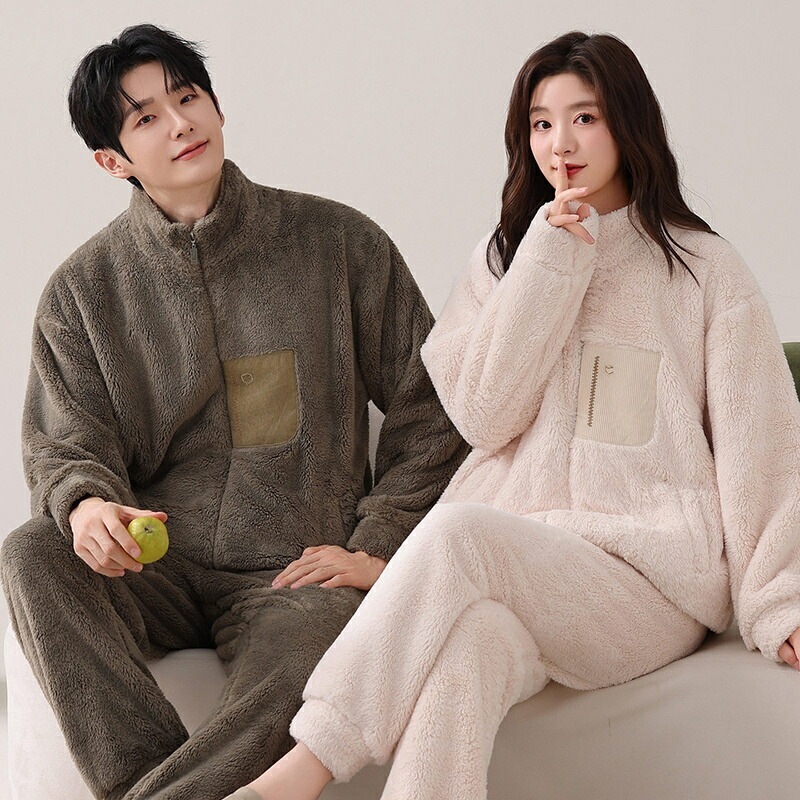 赤字開催 ペアパジャマ もこもこ 冬 男女2着 セット 厚手 防寒 セットアップ カップル パジャマ ルームウェア フランネル スタンド襟 シンプル カジュアル おしゃれ ペア 長袖 前開き レディー