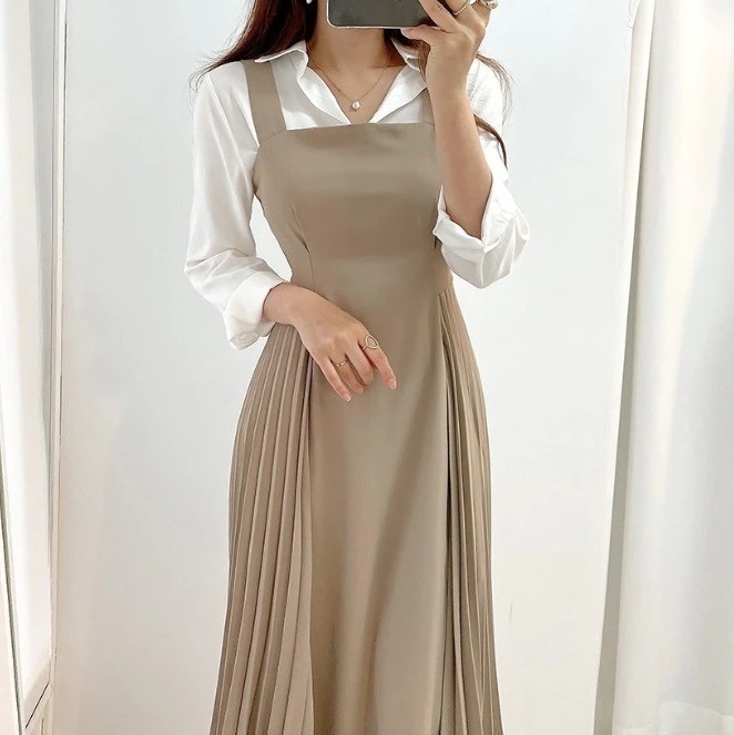 セットアップ シャツ ワンピース レディース ツーピース ミモレ キャミ ワンピ ハイウエスト 長袖 リボン きれいめ 大人可愛い上品 おしゃれ お出かけ デート 水色 黒 白 カーキ フリーサイズ