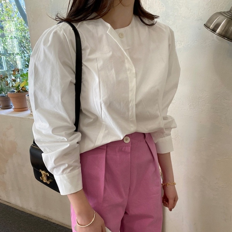 トップス シャツ ブラウス ショート ショート丈 長袖 ラウンドネック 襟なし シフォン 前開き かわいい 大人可愛い きれいめ シンプル カジュアル 大人 上品 おしゃれ 大人女子 こなれ感 個性的