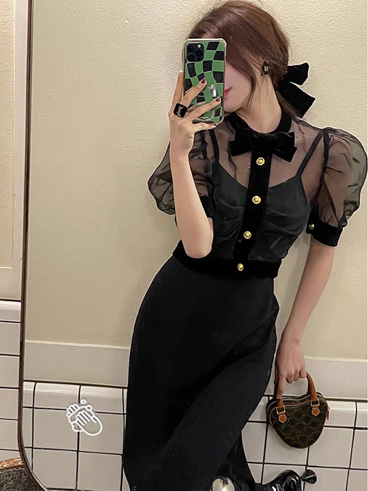 【セット】シアーブラウス＋キャミワンピース フレンチドレス. セットアップ ワンピース. ドレス パーティー お呼ばれコーデ 結婚式 二次会 キャバ嬢 シアートップス ブラックワンピース 綺麗め