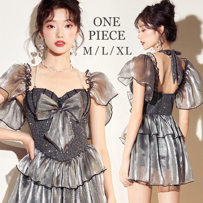 フリル リボン ラメ 旅行 プール 大人 ワンピース水着 体型カバー 水着 30代 可愛い 20代 レディース ワンピース 女性用 グリッター 水着レディース