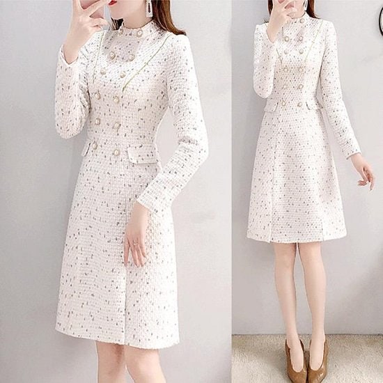 【取寄：納期2週間】長袖ワンピース レディース 大きいサイズ Aライン 膝丈 ひざ丈 ワンピース きれいめ 白ワンピース 秋冬新作 秋 冬 冬新作 フォーマルワンピース ひざ丈ワンピース