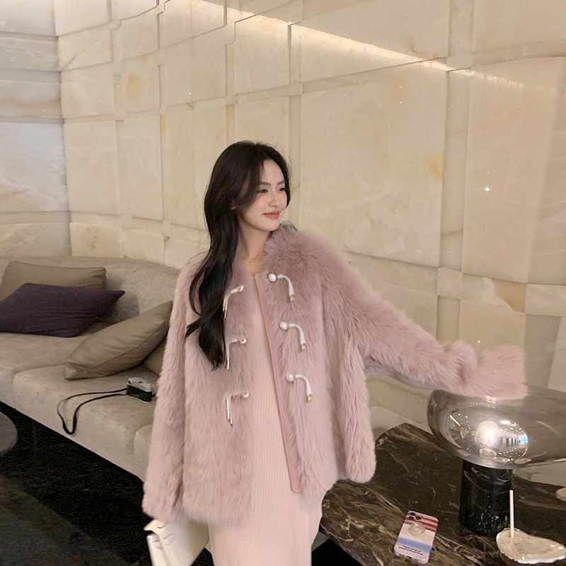 大人のコーデに韓国版 中長セクションジッパー 模造 毛皮 コートゆったりする ピンク