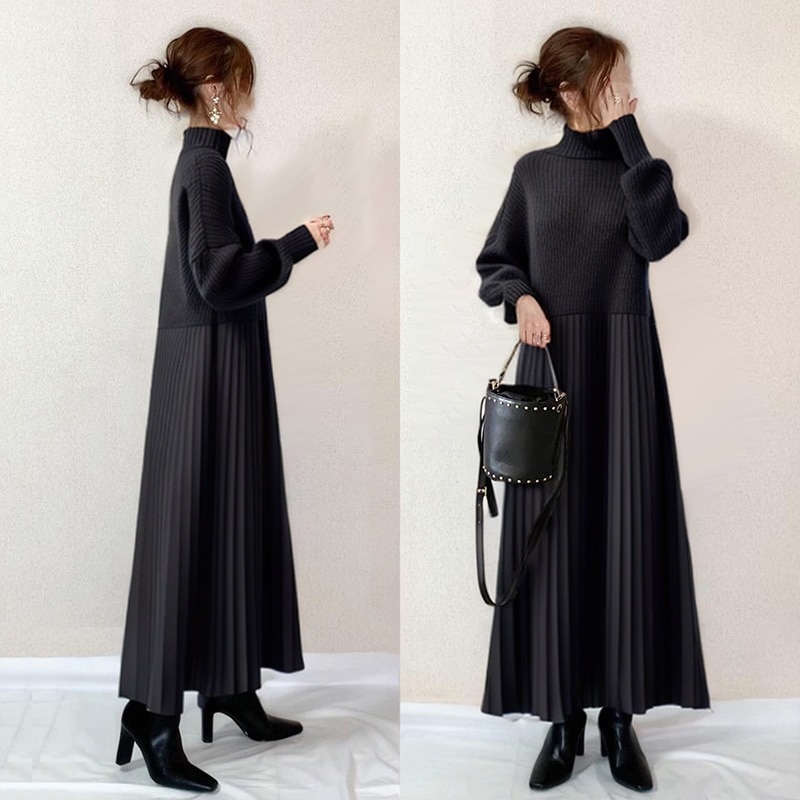 【女性大人気】 ファッショナブル シンプル ギャザー 無地 ハイネック 長袖 ニットワンピース レディース