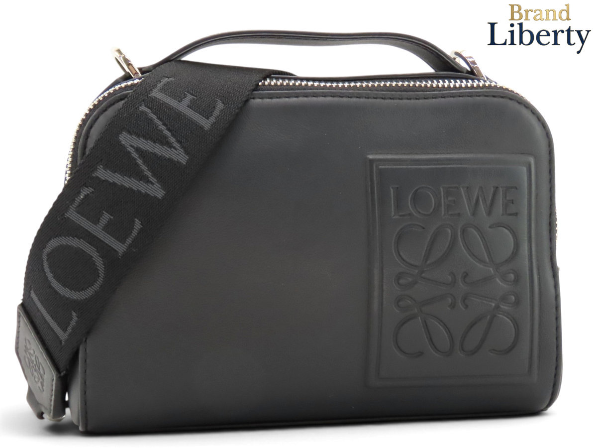 新品同様ロエベLOEWEアナグラムクロスボディカメラバッグミニ2WAYショルダーバッグボディバッグハンドバッグクラッチバッグポシェットブラックサテンカーフC565R41X05