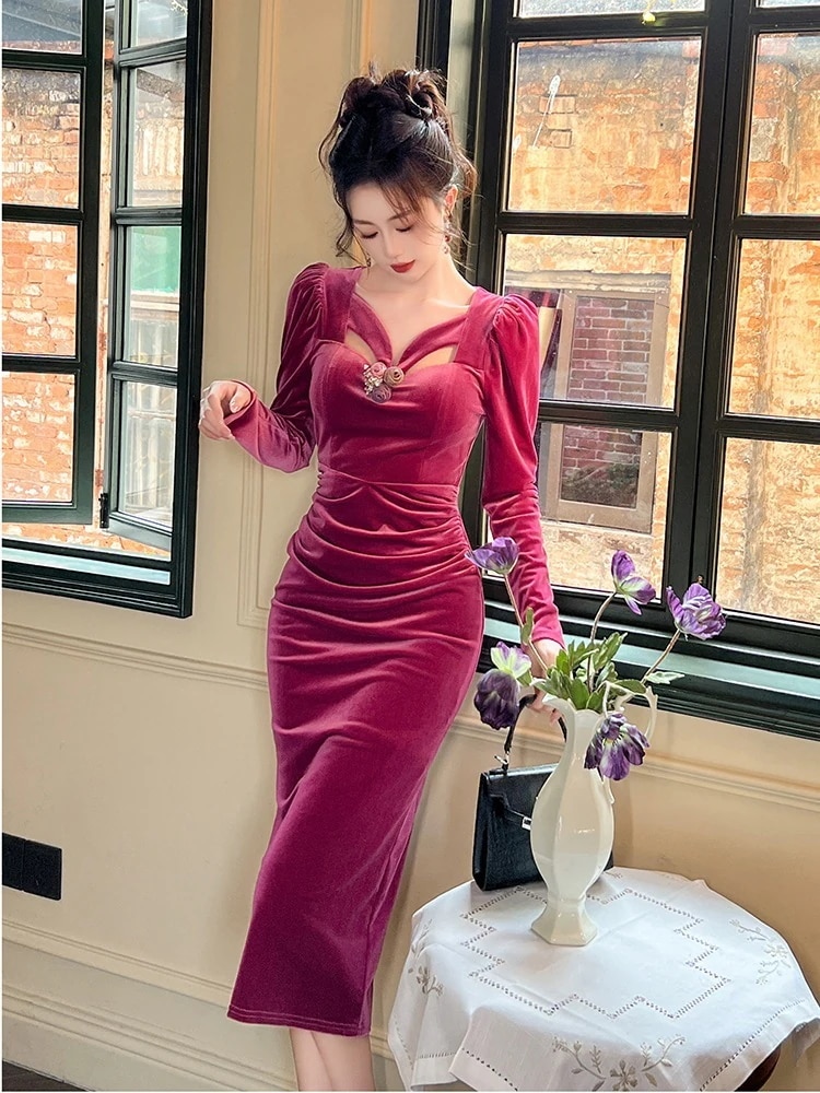 パープル タイト 結婚式 披露宴 キャバ 同窓会 大人 秋冬 パーティードレス 演奏会 二次会 着痩せ ウェディング シルク 卒業式 ワンピース