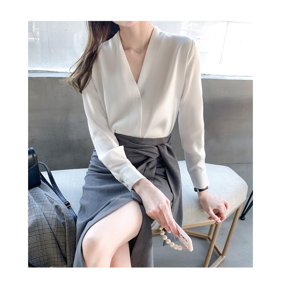 シャツ ブラウス秋物 レディース 春 夏 長袖 トップス 白 ホワイト オシャレ シルク風シャツ リボン Vネック 上品 通勤 大人 OL 30代40代50代