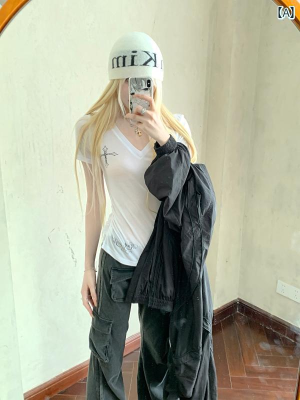 Tシャツ　レディース　かわいい Rase le sol 審判の 日 サイド クロス Vネック Tシャツ ホット ガール スリム ストレート ショルダー 半袖