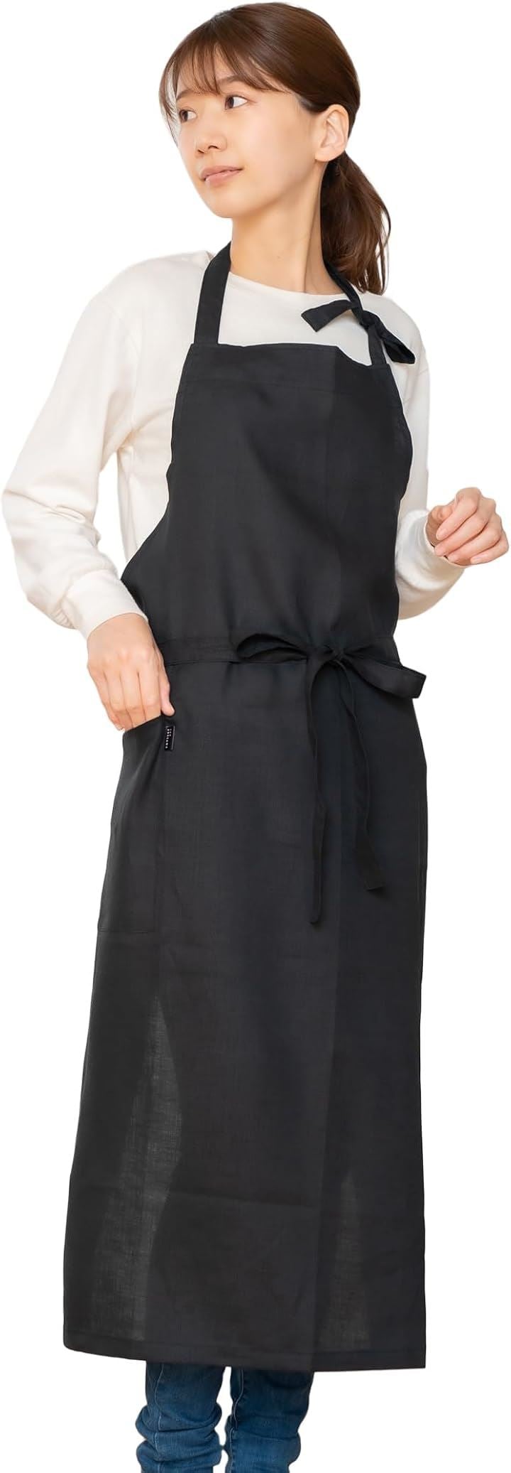 linento リネント エプロン 高級 日本製 レディース メンズ おしゃれ 可愛い カフェエプロン 国内縫製 シンプル 女性(ブラック, Free Size)