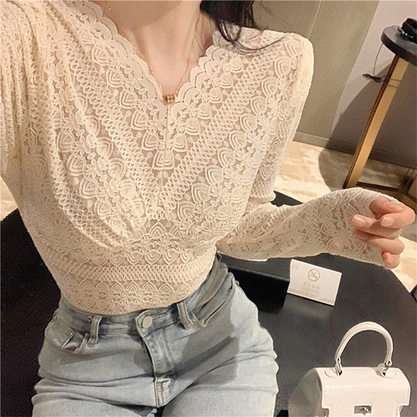 トップスシャツブラウスシースルー トップス 優しい 立ち襟 トップス 伸縮性あり 花柄 レース ブラウス Vネック 透け感 レディース きれい 着やすい ファッション 柔らかい 韓国 レース 総レ
