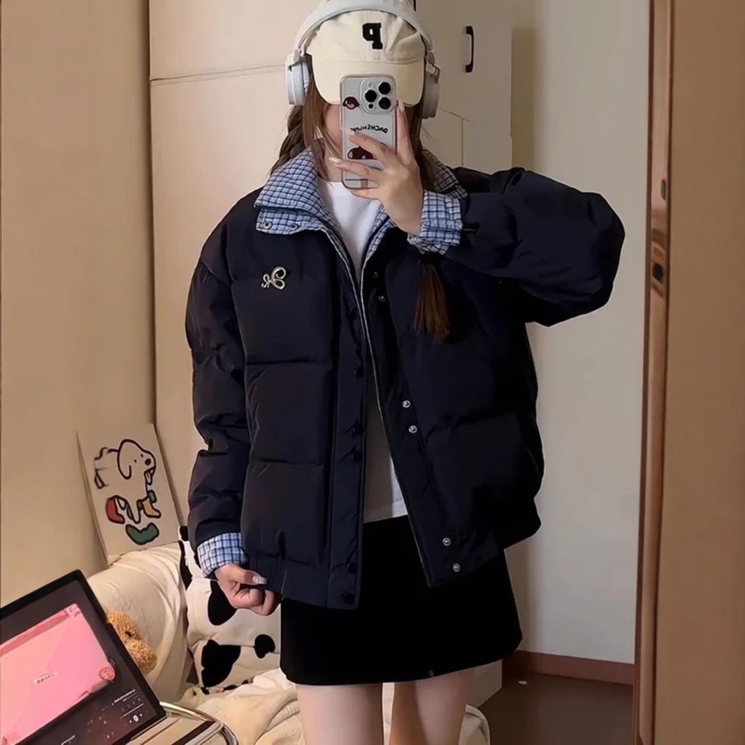 レトロ ブルーチェック パッチワーク 防寒アウター レディース 学生向け 冬用 超人気 ネイビー ゆったり 保温 綿入りコート