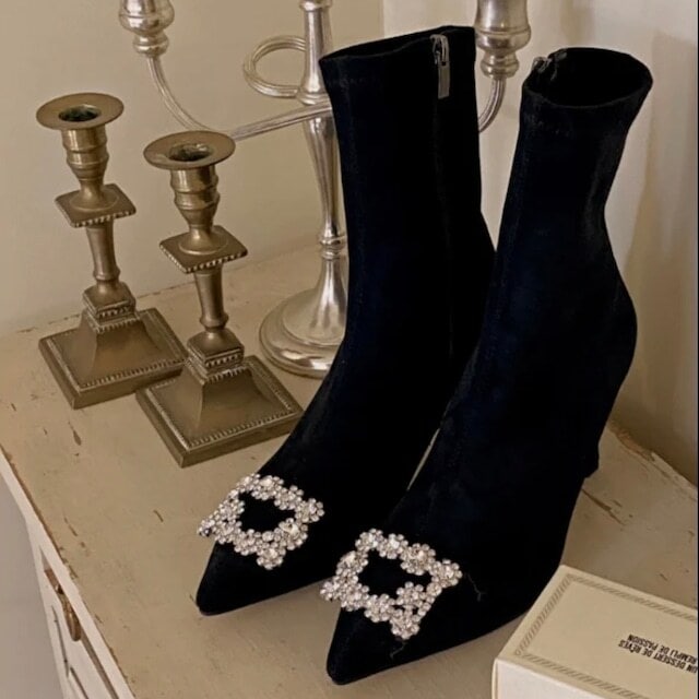 ショートブーツ レディース スクエア ビジュー ピンヒールショートブーツ キラキラ 大人可愛い ママコーデ 韓国 新作 20代 30代 40代 シューズ 靴 きれいめ かわいい おしゃれ シック