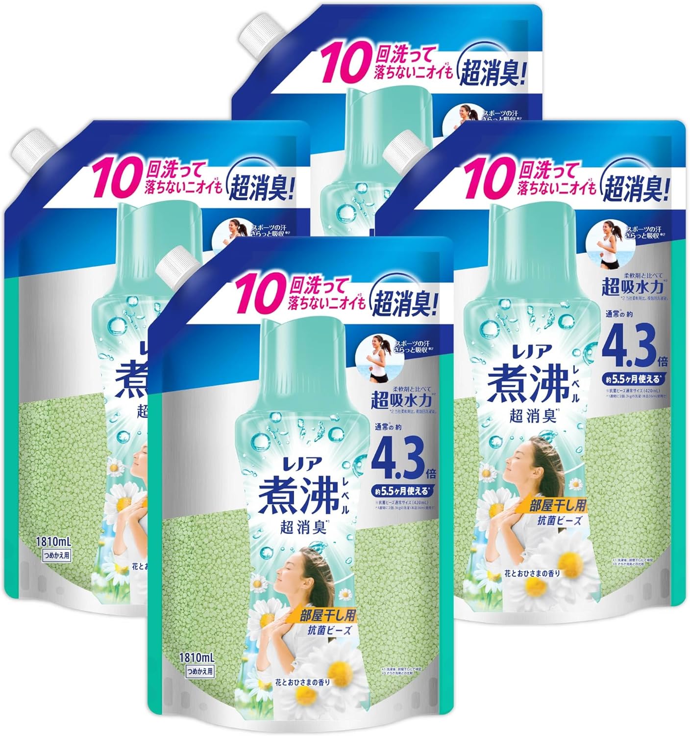 レノア 煮沸レベル超消臭 清潔感を保つビーズ 部屋干し用 花とおひさまの香り 詰め替え 1810mL×4袋 大容量 ケース品 柔軟剤と一緒に使って効果長続き
