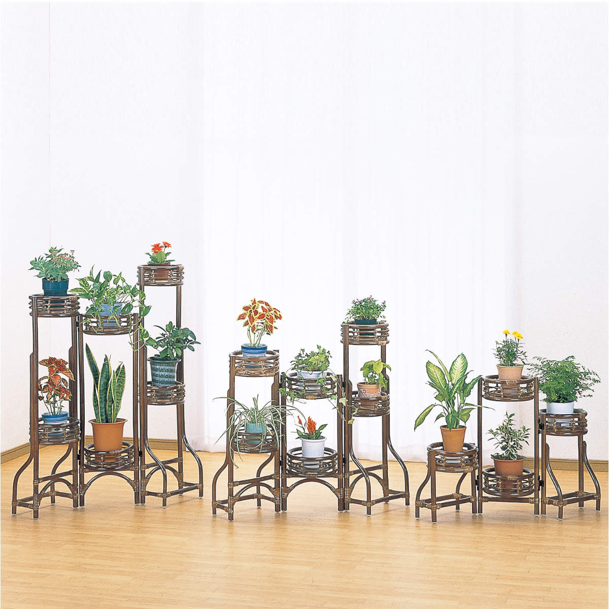 籐 フラワースタンド 3点セット 折りたたみ式 フラワー台 花台 室内 籐家具 ラタン 省スペース プランタースタンド プランターラック 鉢植え 園芸 棚 アジアン ナチュラル 完成品