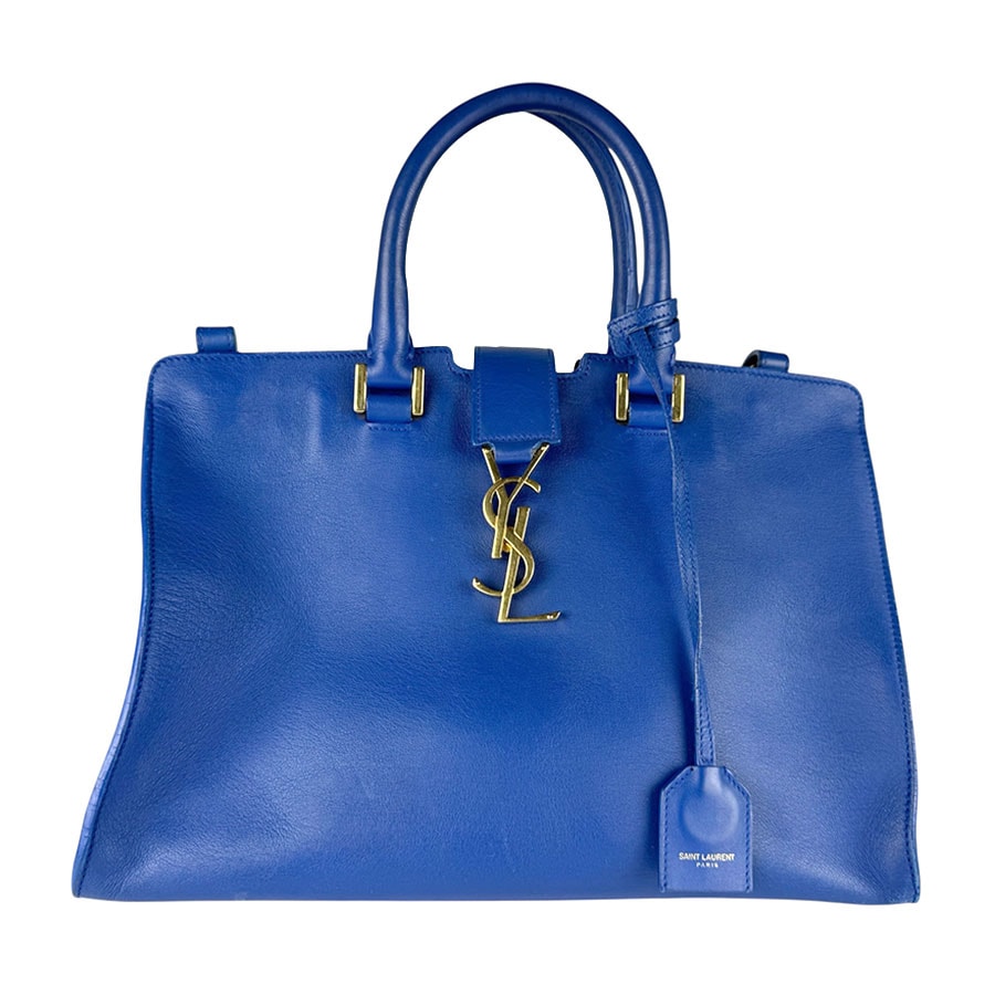 サンローラン SAINT LAURENT ハンドバッグ ショルダーバッグ ベイビーカバス レザー ブルー ゴールド レディース 394461 z8847