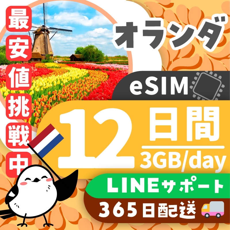 【オランダeSIM】簡単設定／使用日数：１２日間／データ容量：３GB（day）／有効期限90日／最短即日発行／パスポート番号不要／データ通信専用／オランダSIM