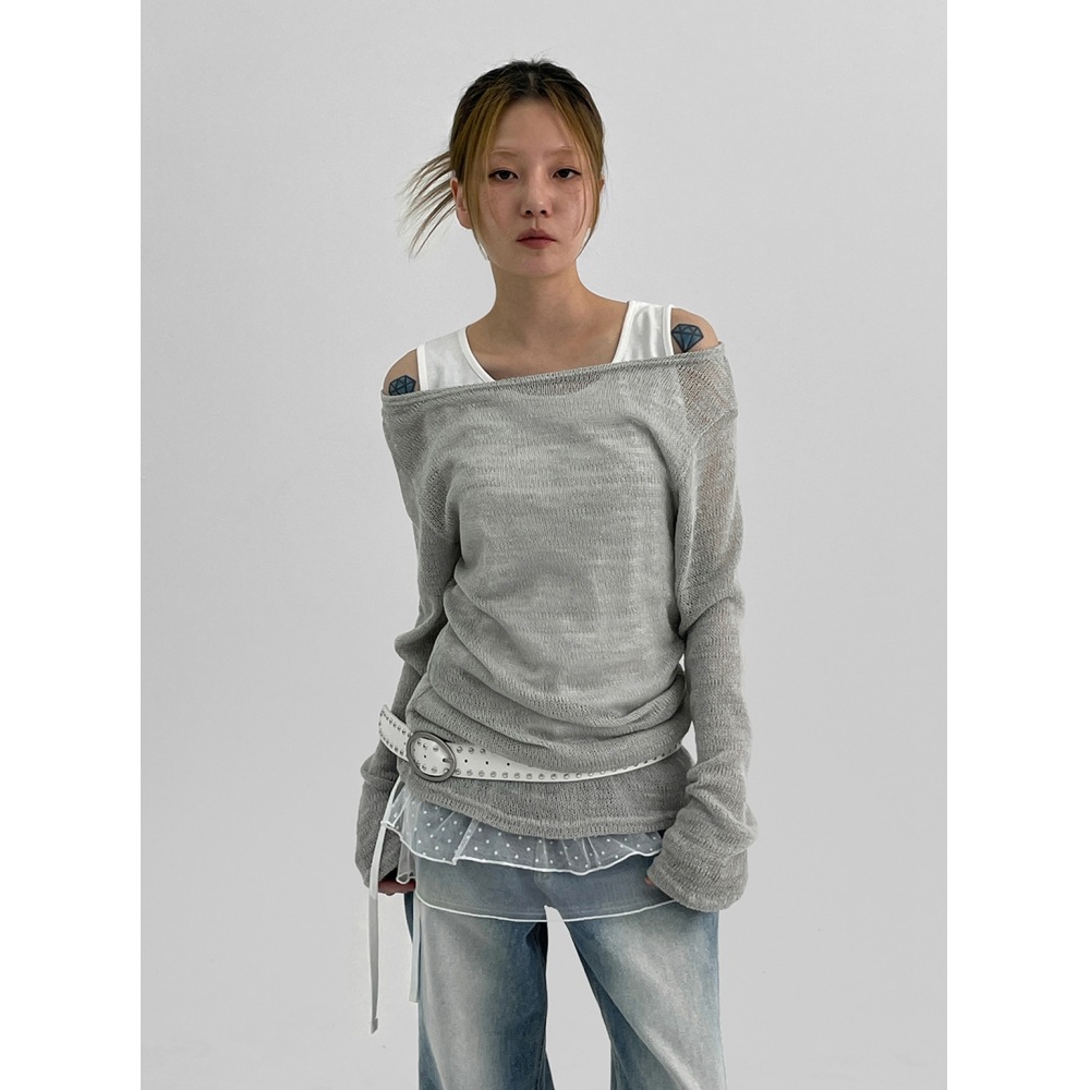 ブラックアップ【春新品】Mewell オフショルダーニット長袖Tシャツ