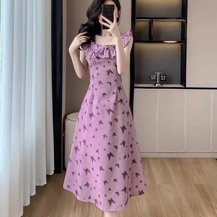 ワンピース バタフライ柄 フリル リボン ノースリーブ Aライン ミモレ ワンピース パープル 紫 レディース 大人 上品 きれいめ 大きいサイズ オシャレ 人と被らない 他と被らない 20代 30代