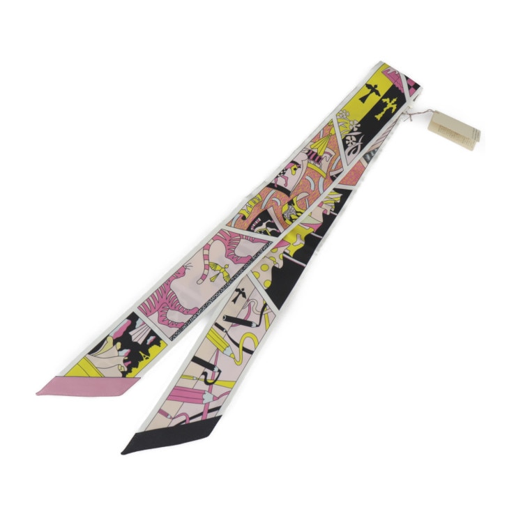 新品未使用展示品 HERMES エルメス スカーフ 063975S 04 FACTORY SUITE ファクトリースーツ シルク BLACK ROSE JAUNE ツイリー リボンスカーフ 2023S