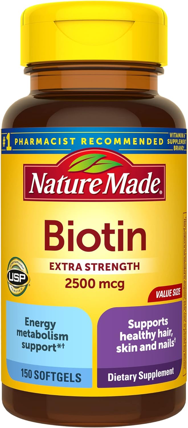 Nature Made Extra Strength Biotin 2500 mcg健康的な髪皮膚および爪のサポートのための食事補助150ソフトジェル150日供給