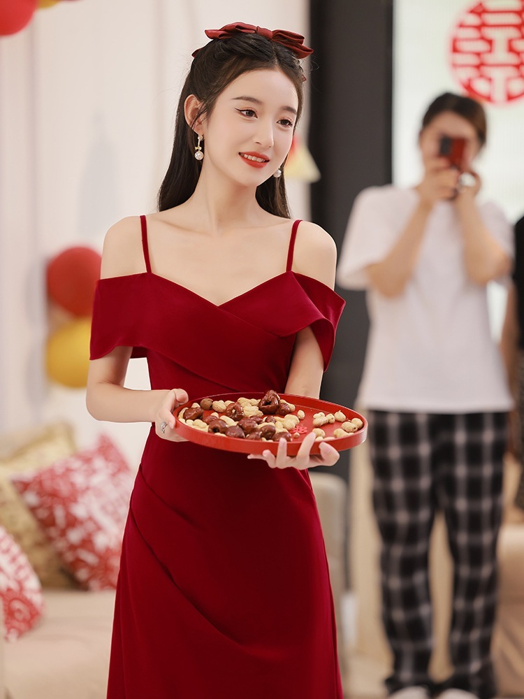 【2枚購入で 3oo円OFF】サスペンションブライドドレステンペアメントレディースドレスバックドアレッドエンゲージメントドレス