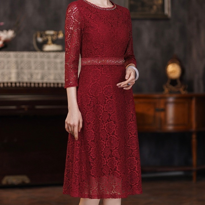 レディース ワンピース フレア 膝下 7分袖 Uネック ラウンドネック Aライン レース 刺繍 ウエストマーク 透け感 シースルー かわいい 大人可愛い きれいめ 上品 おしゃれ かっこいい レトロ