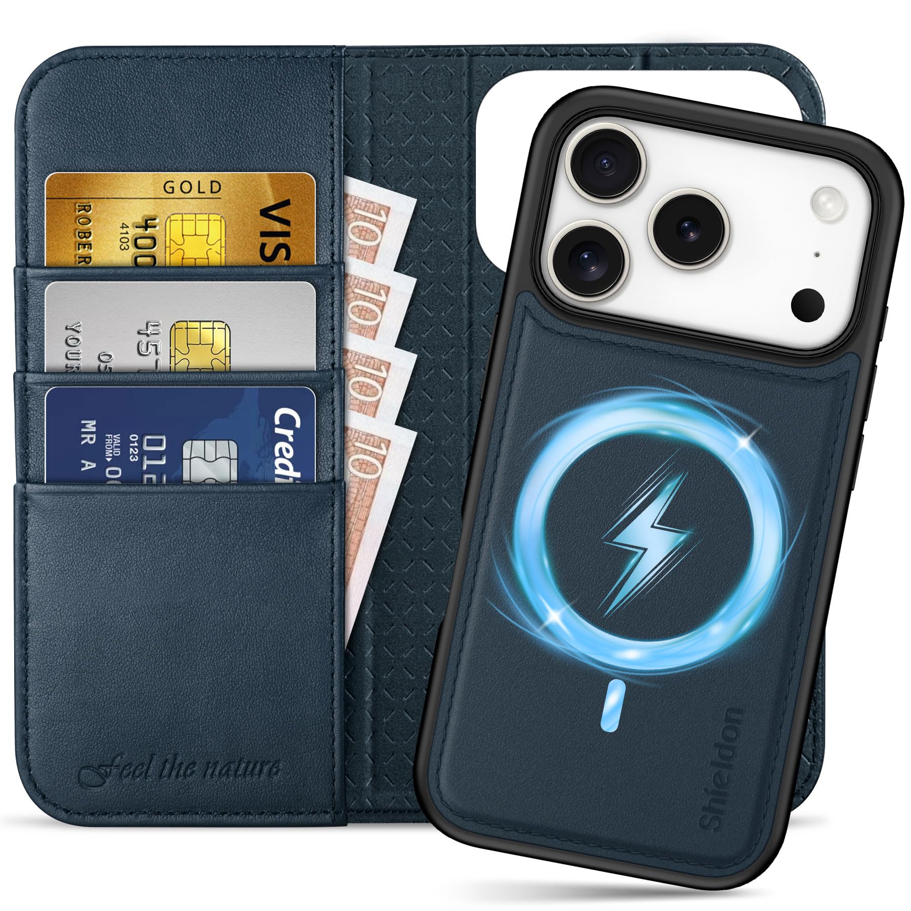 SHIELDON iPhone 17Pro 対応 手帳型ケース 2in1分離式 本革レザー 6.3インチ 5G カード収納 [RFIDブロッキング] 取り外し自由 カバー単体ワイヤレス充電可 横置きス