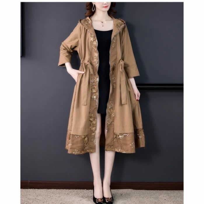 七分袖フード付きミディ丈ジップコート コート コート ロング ロング丈