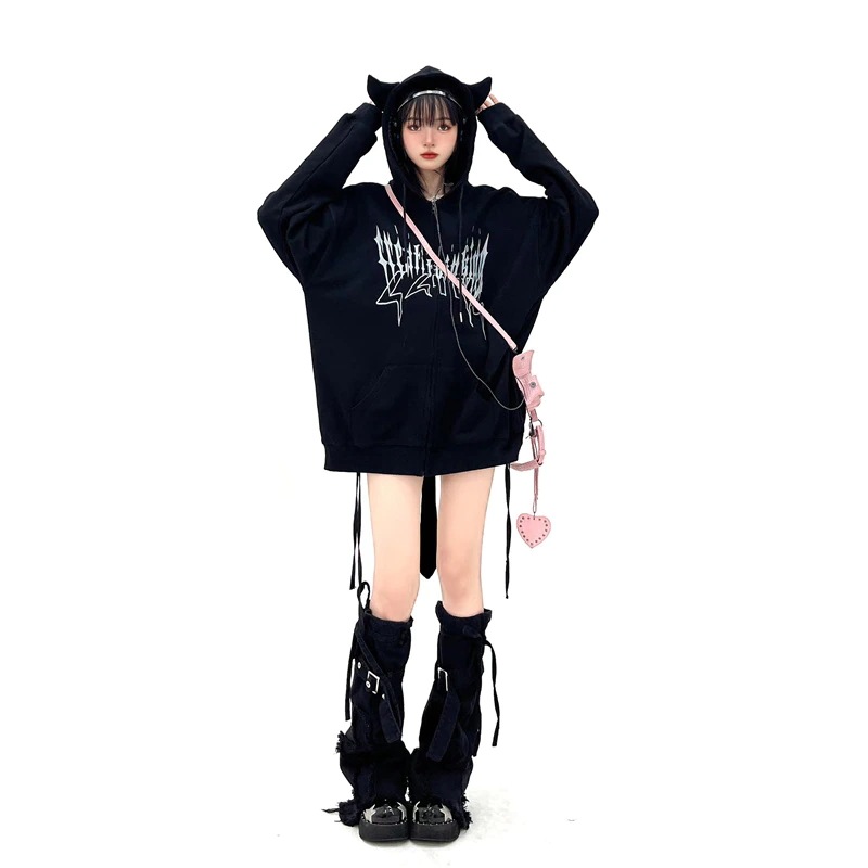 ジップアップパーカー ロング バックプリントパーカー パーカーワンピース フード付き 小悪魔プリント トップス あったか 裏起毛 黒