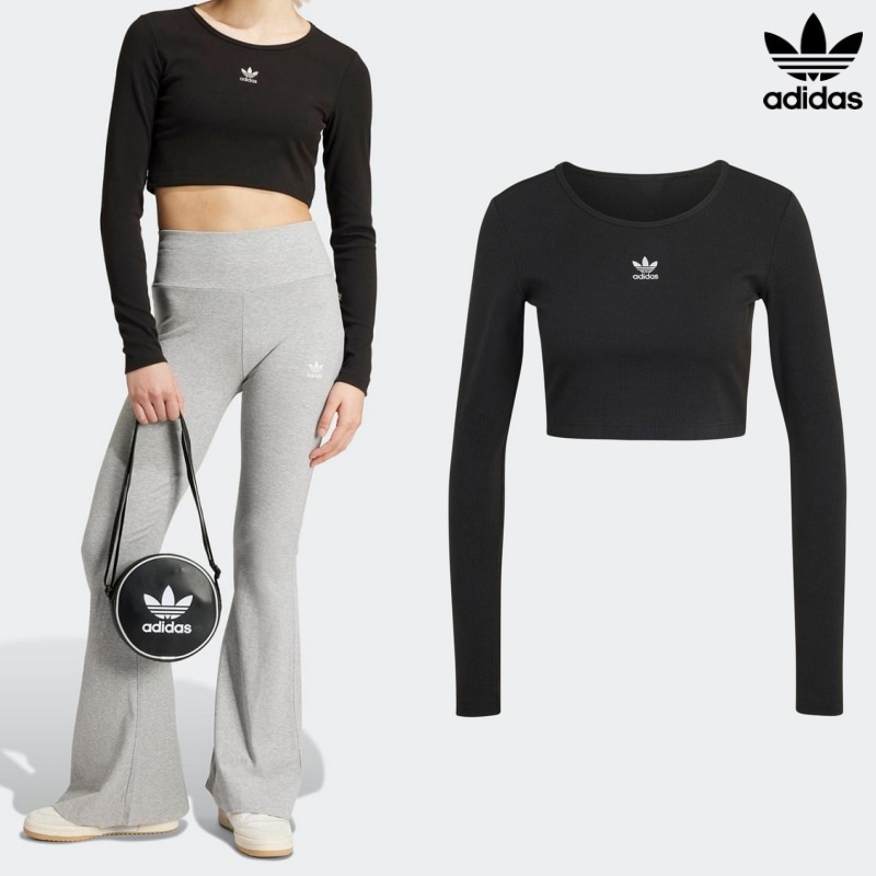 [ADIDAS] アディダス レディース エッセンシャルズ リブ クロップ 長袖Tシャツ / BLACK