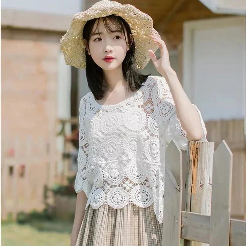 UVカット レース シャツ レディース 春夏 透かす ブラウス 半袖 トップス Tシャツ tシャツ 半袖 レディース 韓国ファッション