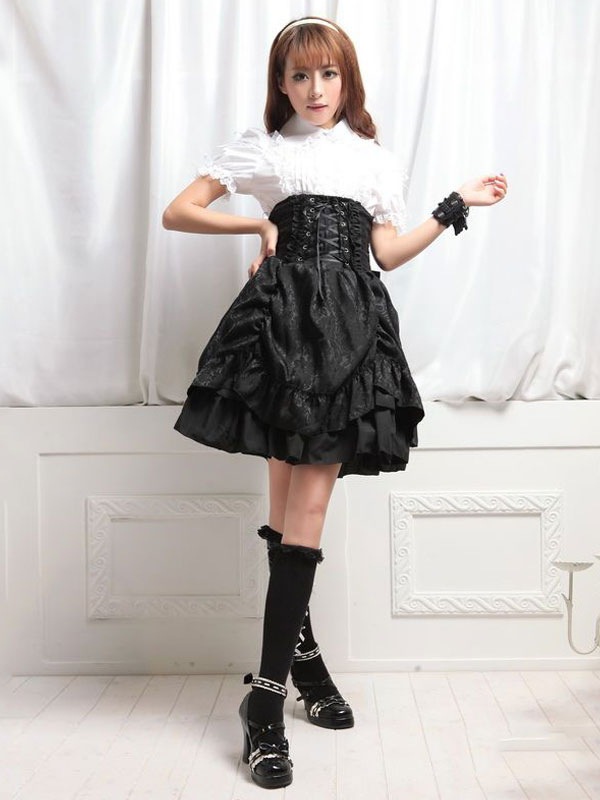 【短納期】ゴシックロリータスカートラルフルズレースアップレイヤードブラックロリータボトム