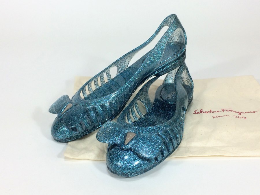 フラットシューズ ブルーラメ ビニール サンダル パンプス 【中古品】