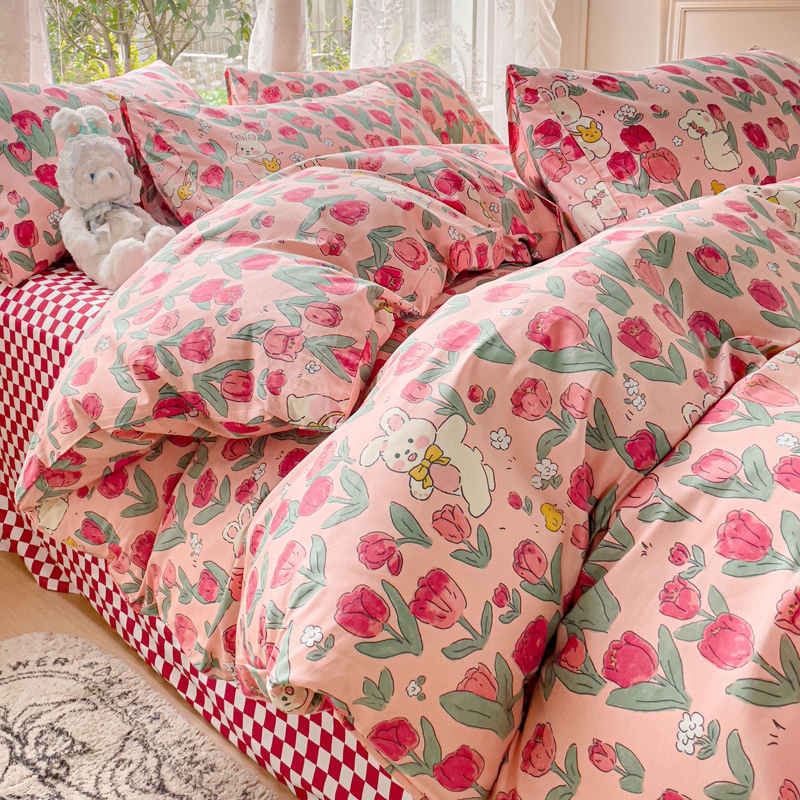 Ins Red Tulip Bunny Pure Cotton Pure Cotton 1.5mキルトカバー3ピースガールズハート