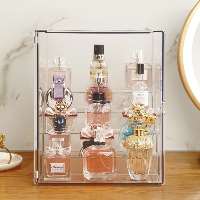 メガ割 香水収納ボックス展示ケーススキンケアボックス防塵透明大容量デスクトップ化粧品置物福袋