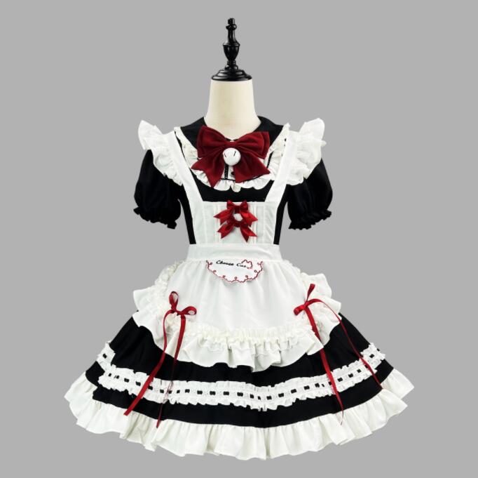【TikTok人気新品】半袖 メイド服 ロリータワンピース メイド コスプレ 服 背中 可愛いリボン ロリータ服 レディース ハロウィン コスプレ 衣装 可愛い エプロンワンピース 喫茶店 メイド コ