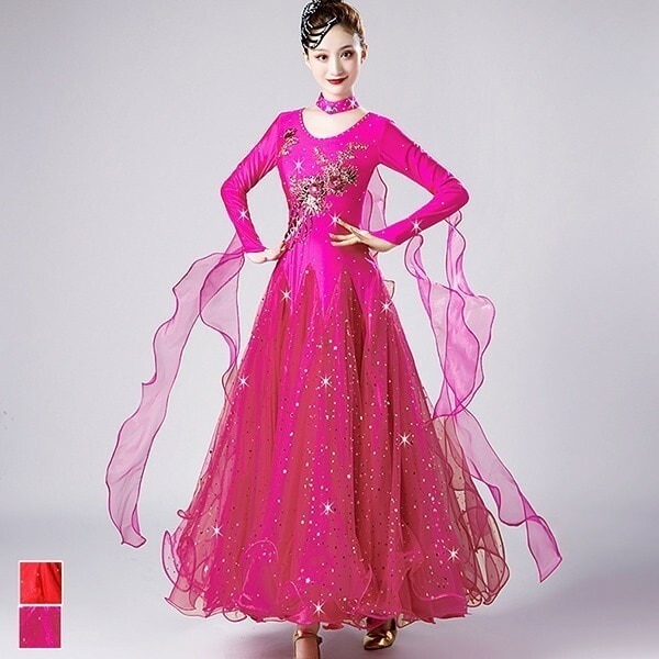 【限定激安】社交ダンス ドレス 競技用 社交ダンス衣装 ワンピース スタンダード ドレス キラキラ 社交ダンス 広がる 舞台 豪華 長袖 ワルツ 発表会 団体 パーティー デモ ピンク S M L X