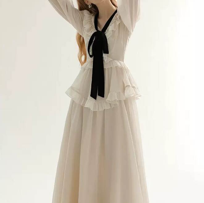 レディース ワンピース ドレス ロング 長袖 Vネック Aライン フリル ハイウエスト 大人可愛い きれいめ 上品 おしゃれ かっこいい ラフ ガーリー クール エレガント 存在感 フォーマル プリン