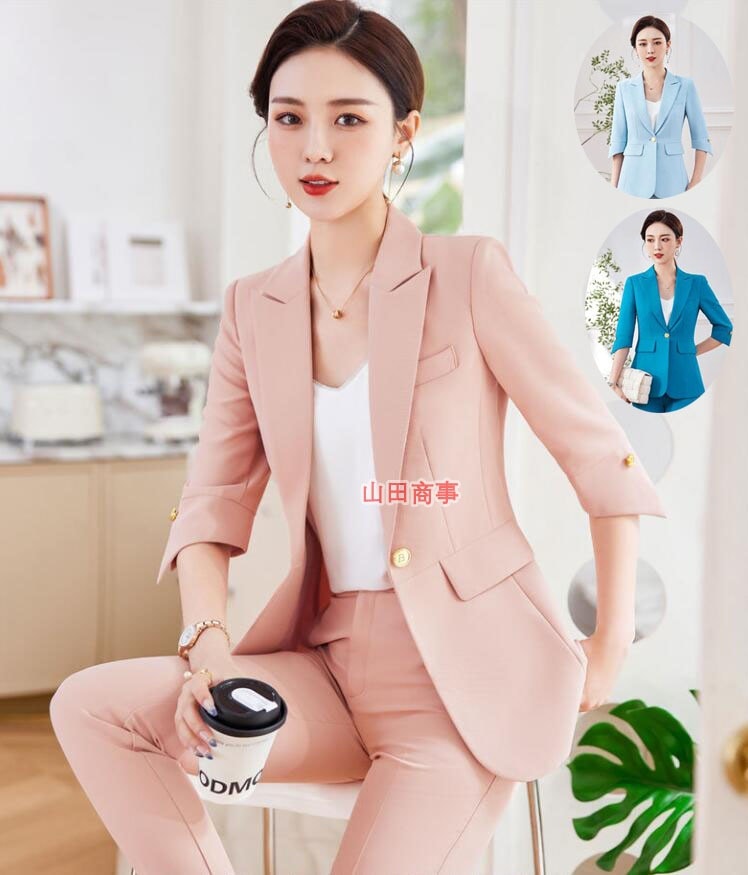パンツスーツセット ジャケット+パンツ２点セット 女性 ビジネススーツ スカートスーツ五分袖丈 3色 シンプル オフィス 通勤 就活 面接 事務服 制服 入学式/入社/卒業式　無地スーツ入職 卒業式