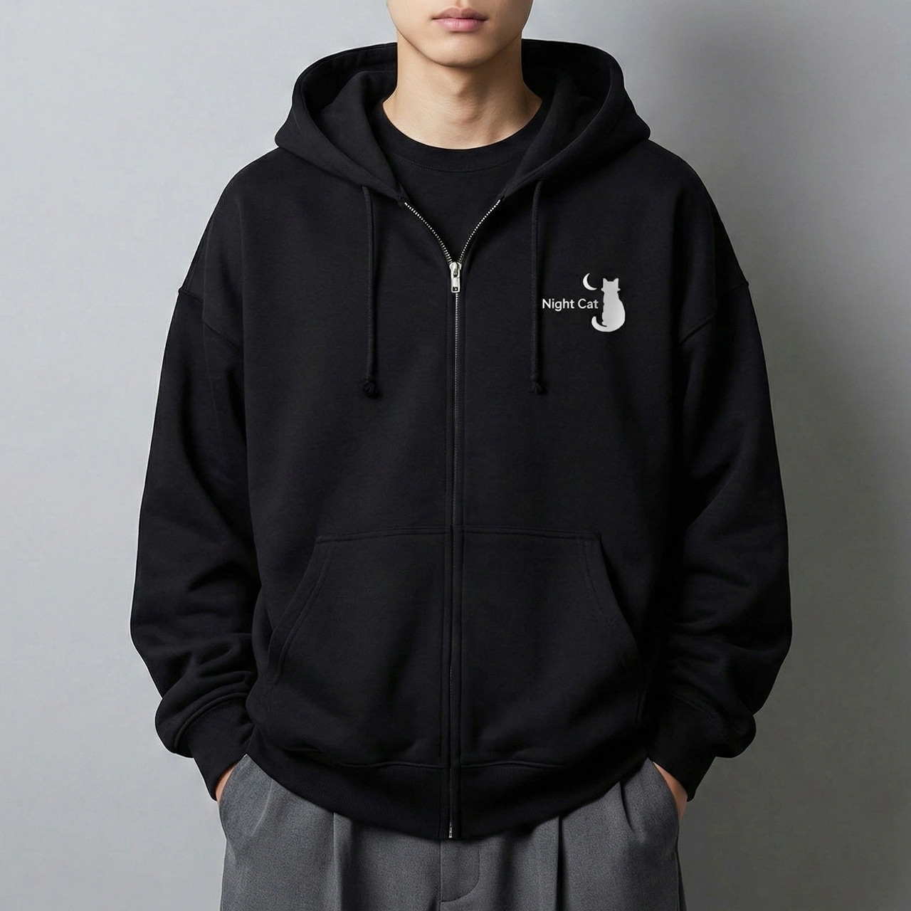 【Night Cat】ロゴ入り フルジップパーカー 10oz 裏パイル (ブラック) 夜猫 ストア かわいい カッコいい 猫 ロゴ マーク クール ユニセックス カップル コーデ