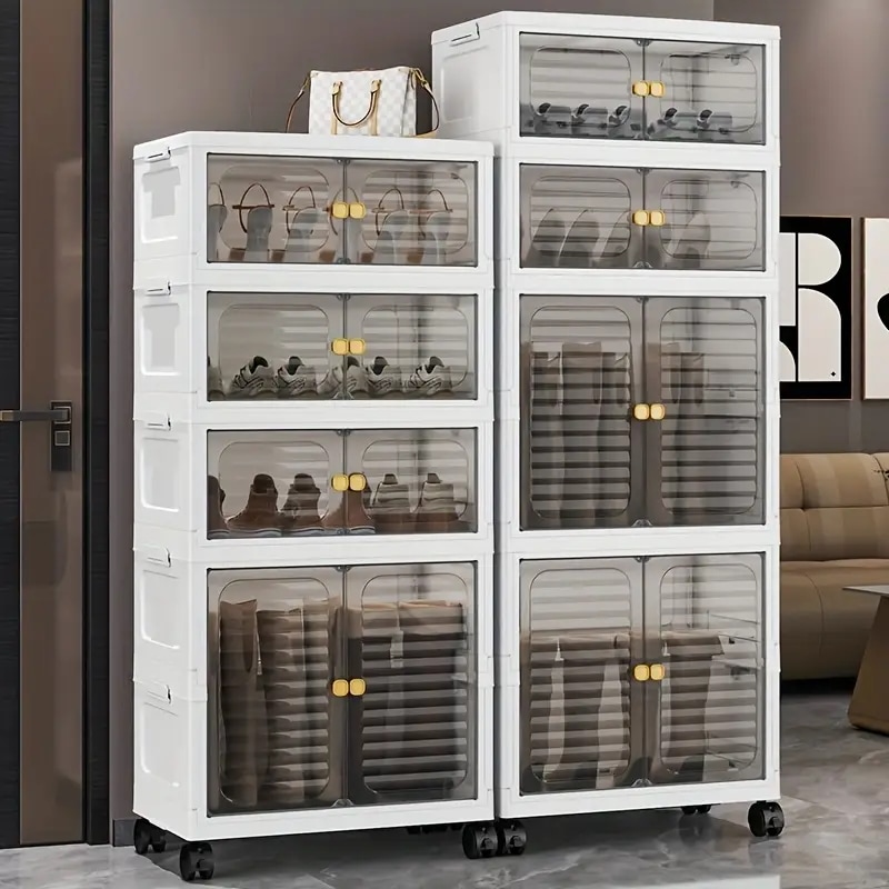 ダブルドア付きスタッカブル折りたたみ式ローリング収納キャビネット - リビングルームとベッドルーム用の大容量クリアプラスチックオーガナイザー簡単移動のための車輪付きマルチティアデザイン多機能隙間収