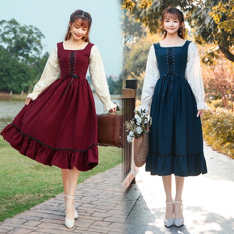 【新作登場 最安値】ストライプ ロリータワンピース ロリータ服 長袖ワンピースプリンセスドレス ミモレ丈ワンピ お嬢様 フリル 可愛いコスチューム ゴスロリ コスプレ衣装 舞台衣装 文化祭 学園祭 イ