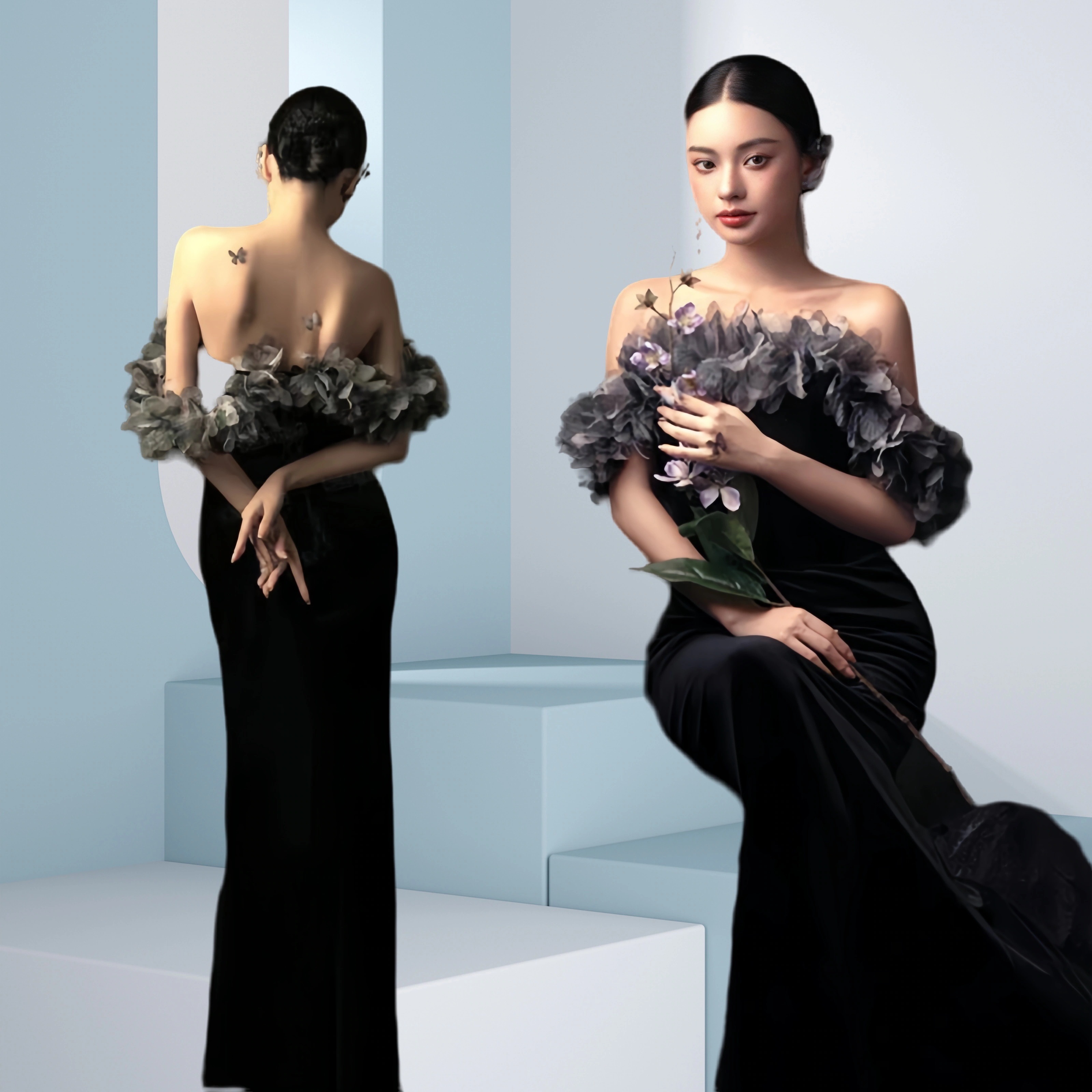 ウエディングドレス ノースリーブ 黒ベルベット黒の船型ネックドレス 二次会 結婚式ドレス パーティードレス 花嫁 フォトウエディング ビーチフォト 13,140円