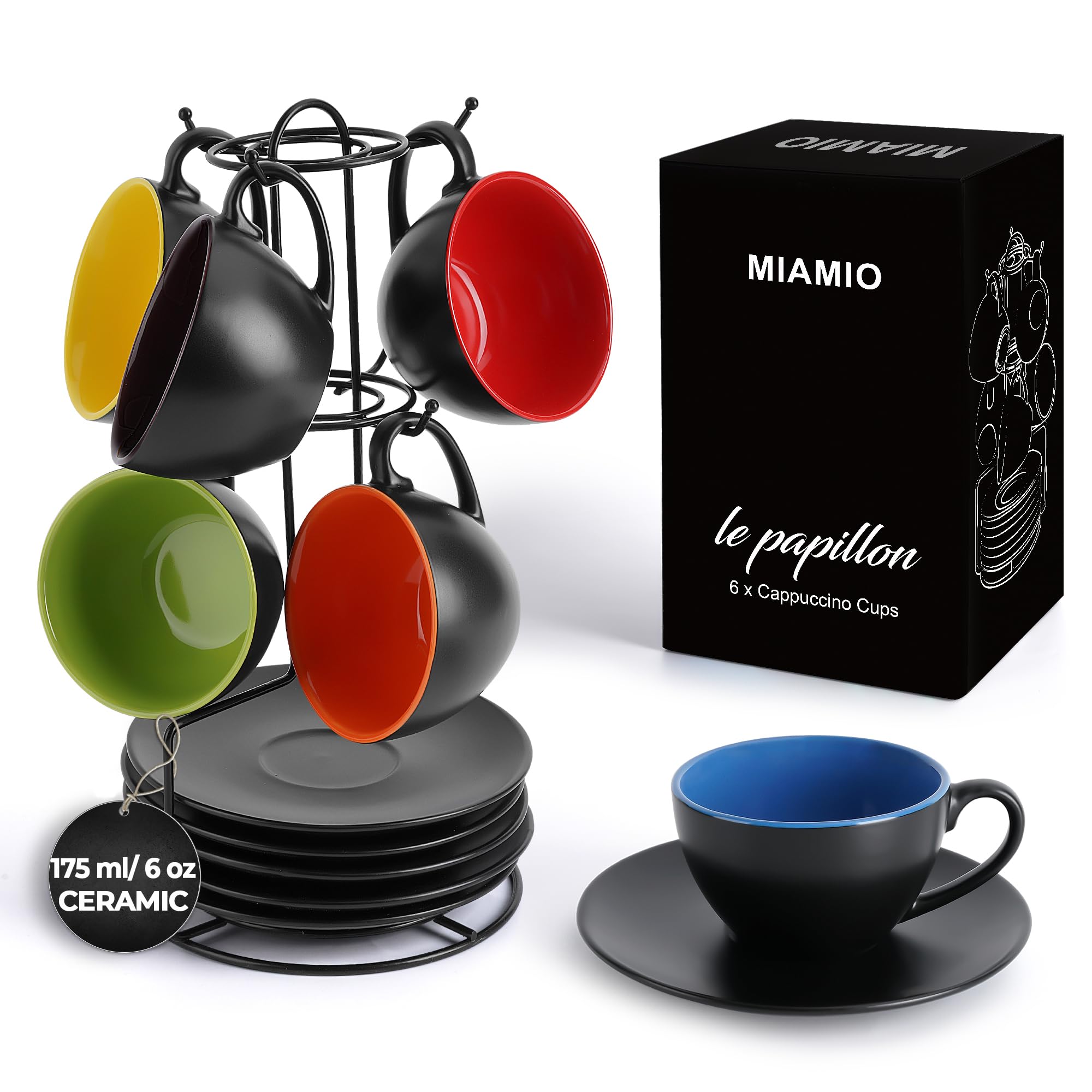 MIAMIO - 6 x 175 ml カップ カプチーノカップ＆ソーサー＆スタンド付き/カプチーノカップセット - ル・パピヨン コレクション (ミックス)