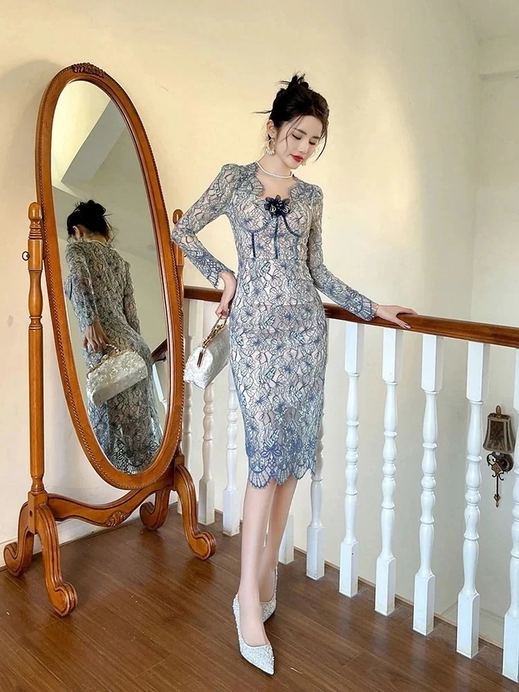 【JY.上品】 秋冬 レースワンピース スリム パーティードレス キャバ 着痩せ 大人 お呼ばれ 同窓会 披露宴 卒業式 結婚式 ウェディング 二次会30%までに制限