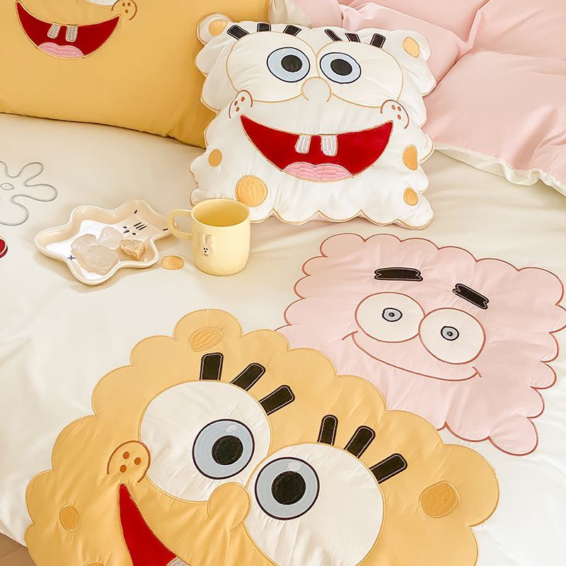スポンジボブ全綿水洗綿4点セットアニメ風刺繍布団シーツ純綿児童ベッド品3点セット